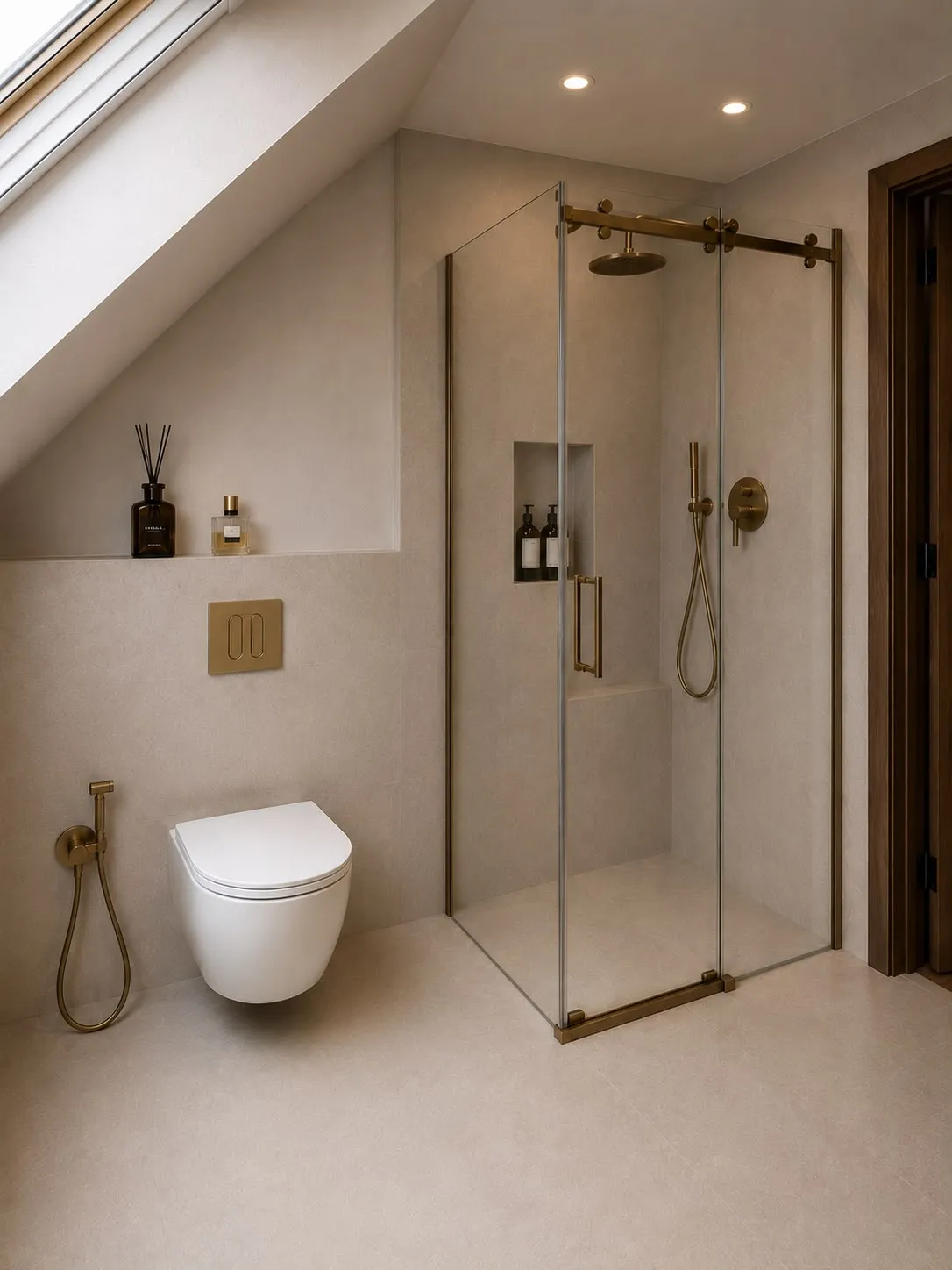 Zolderbadkamer met hangtoilet, douchecabine met messing profielen en nis