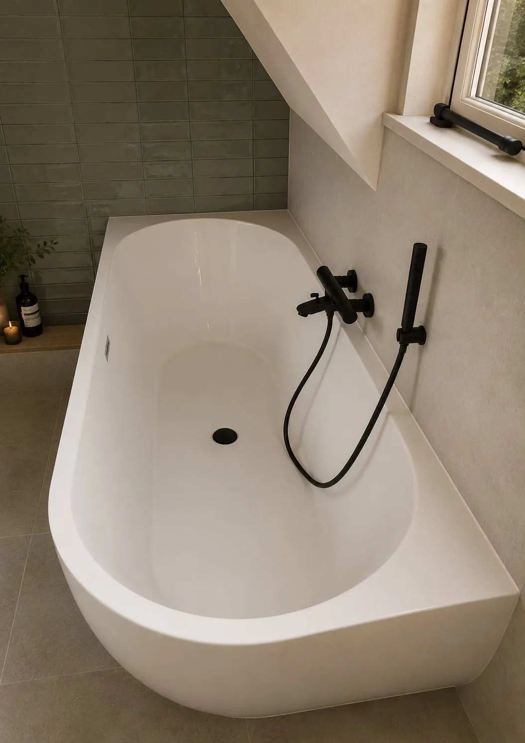 Wit hoekbad met zwarte kraan en handdouche onder een raam