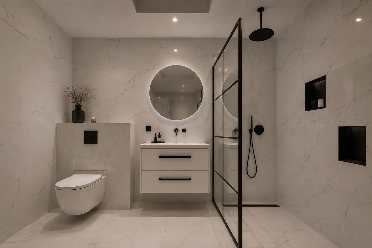 Lichte badkamer met hangtoilet, wit wastafelmeubel, ronde spiegel en douche met zwarte glaswand