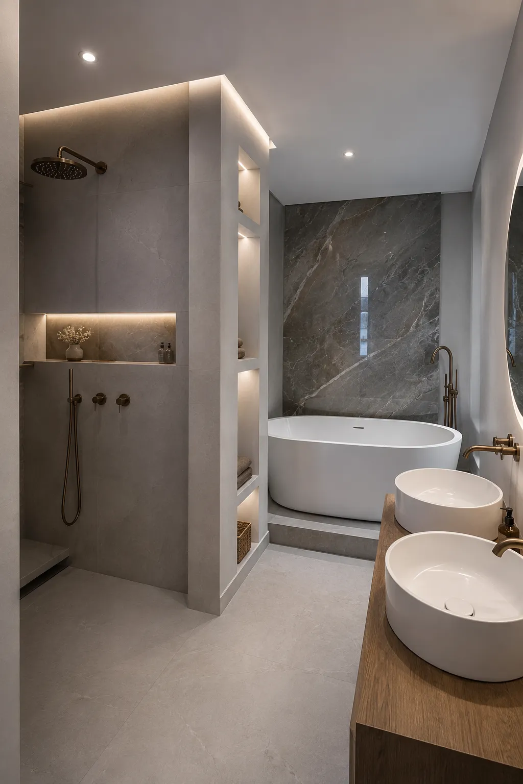 Badkamer met vrijstaand bad achter een halfhoge wand, verlichte nissen en waskommen op hout
