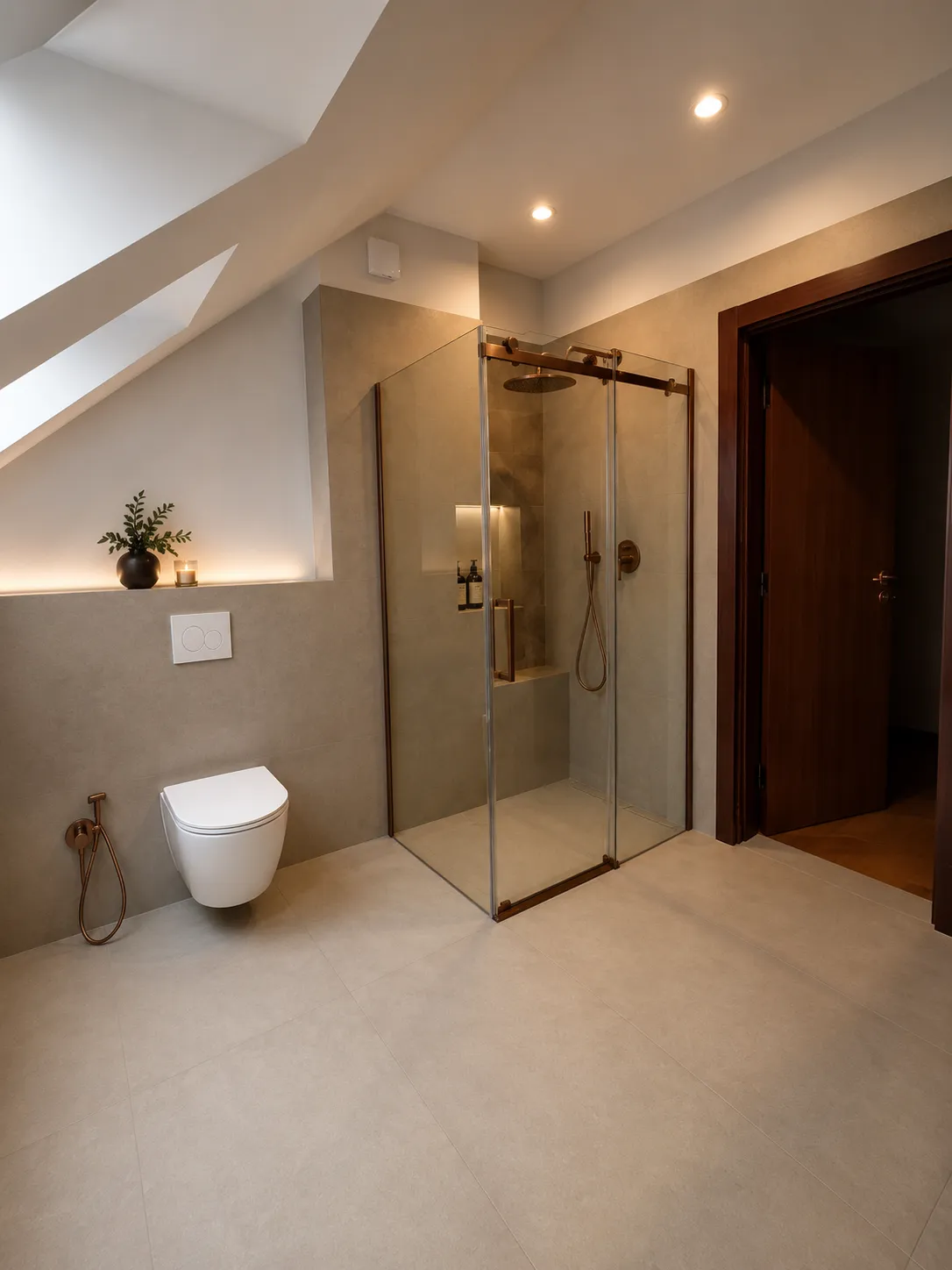 Zolderbadkamer met hangtoilet, glazen douchecabine en inbouwspots