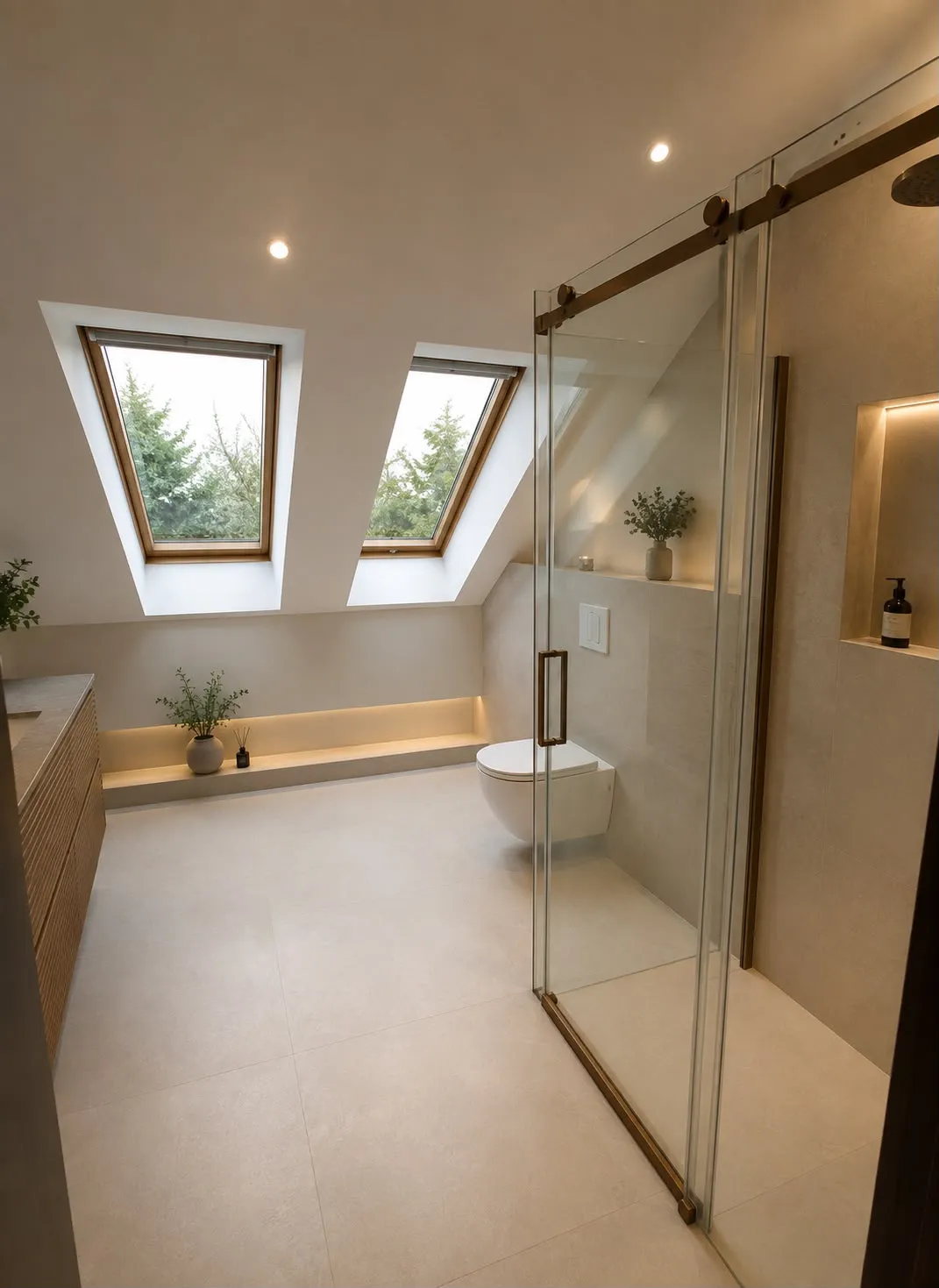Zolderbadkamer met twee dakramen, glazen schuifdeur naar de douche en verlichte nis