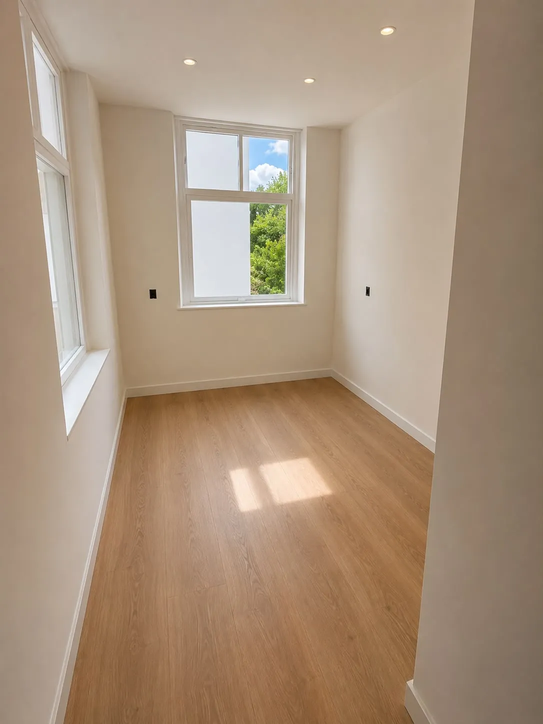 Lege kamer met houten vloer, witte wanden en een raam