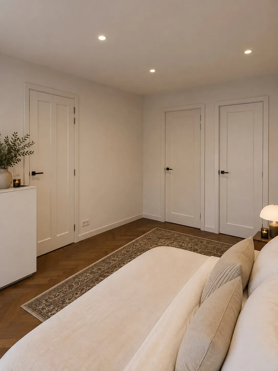Slaapkamer met witte deuren, houten vloer en een bed op de voorgrond