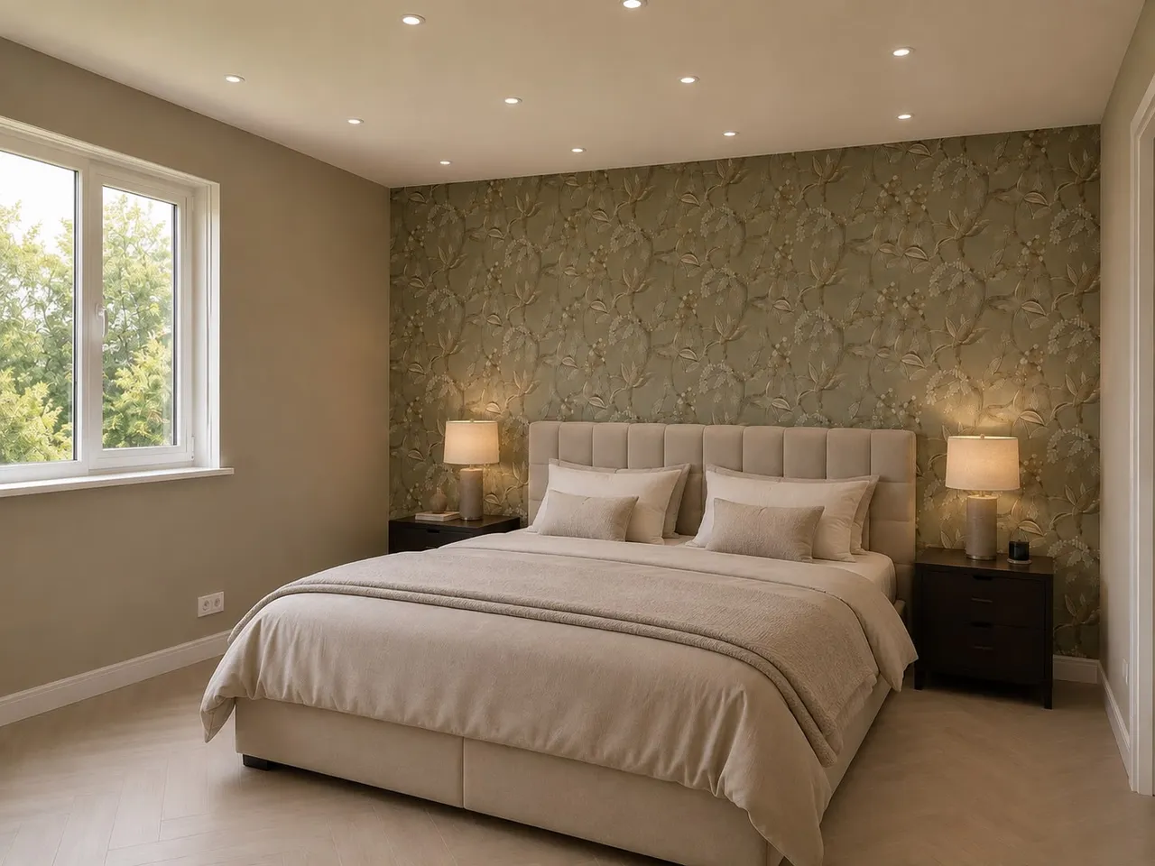 Slaapkamer met behang achter het bed, nachtkastjes met lampen en een raam