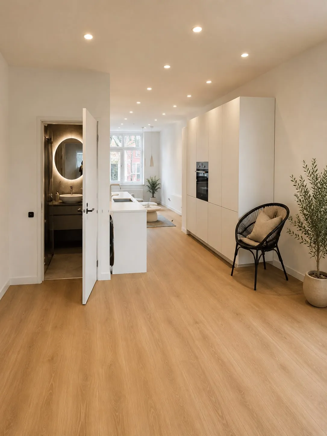 Lange woonruimte met houten vloer, inbouwspots en een open keuken