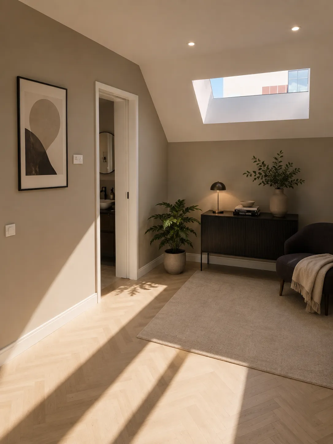 Zolderkamer met dakraam, lichte vloer, dressoir en planten