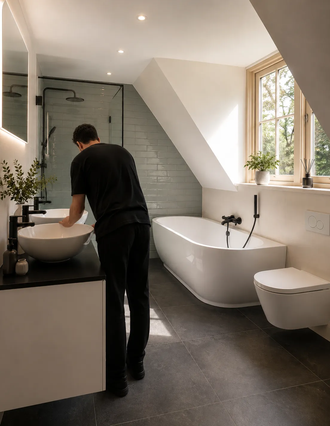 Vakman bij een wastafel in een zolderbadkamer met ligbad en hangtoilet