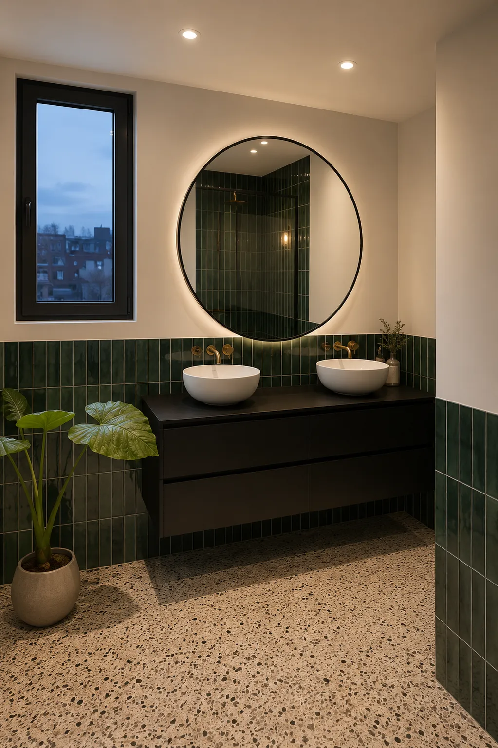 Badkamer met groene wandtegels, zwart wastafelmeubel met twee waskommen, ronde spiegel en terrazzo vloer