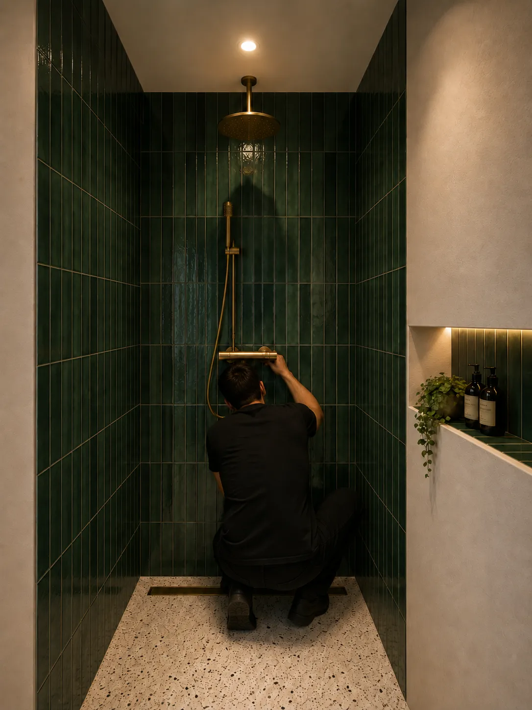 Vakman aan het werk in een douche met groene wandtegels en terrazzo vloer