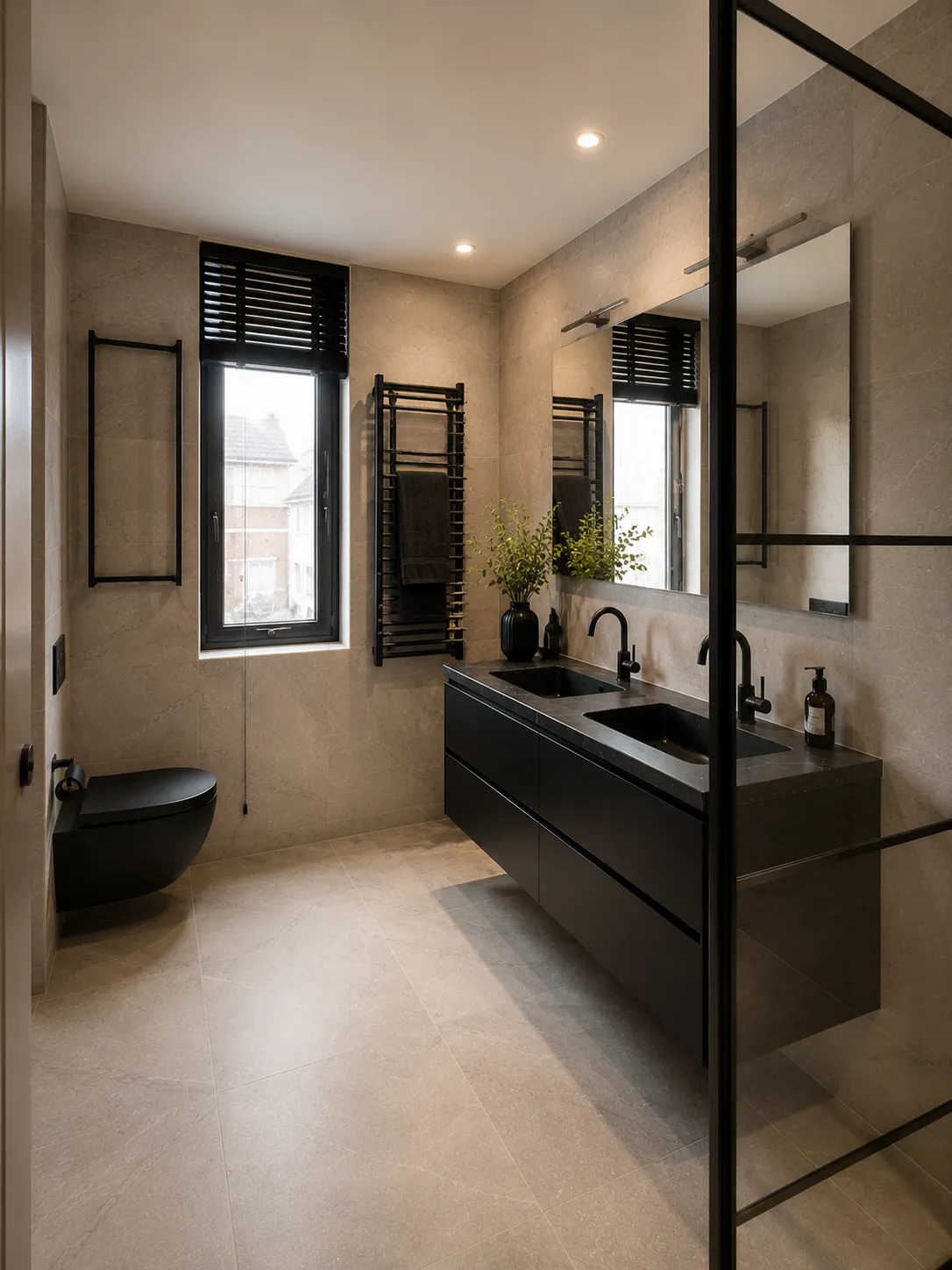 Badkamer met zwart wastafelmeubel, zwart hangtoilet, handdoekradiator en douchewand met zwart profiel