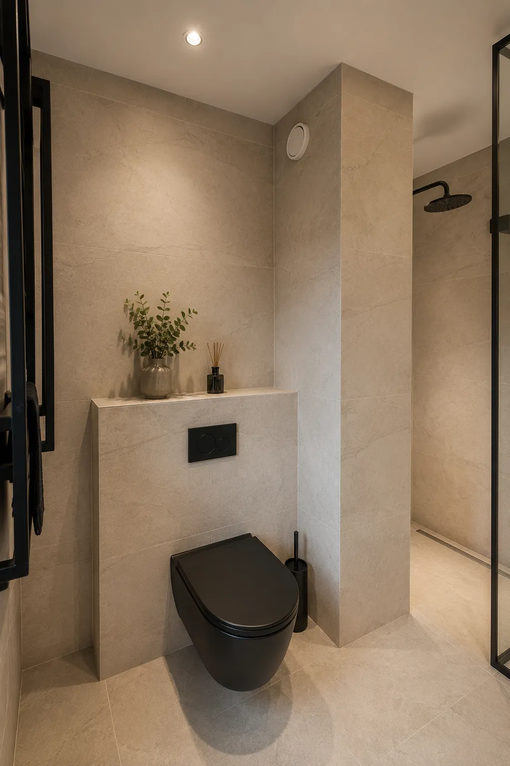Toilet met zwart hangtoilet, inbouwreservoir met plank en zwart bedieningspaneel