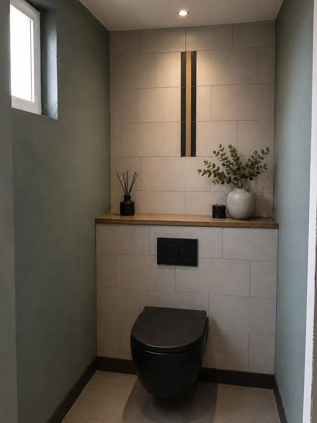 Toilet met zwart hangtoilet, groengrijze wanden, houten plank en raampje
