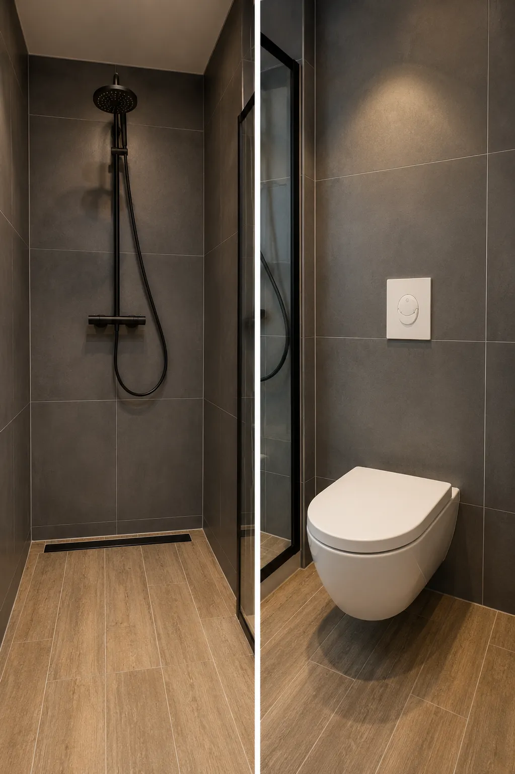Hangtoilet en douche met donkere wandtegels en een houtlook vloer