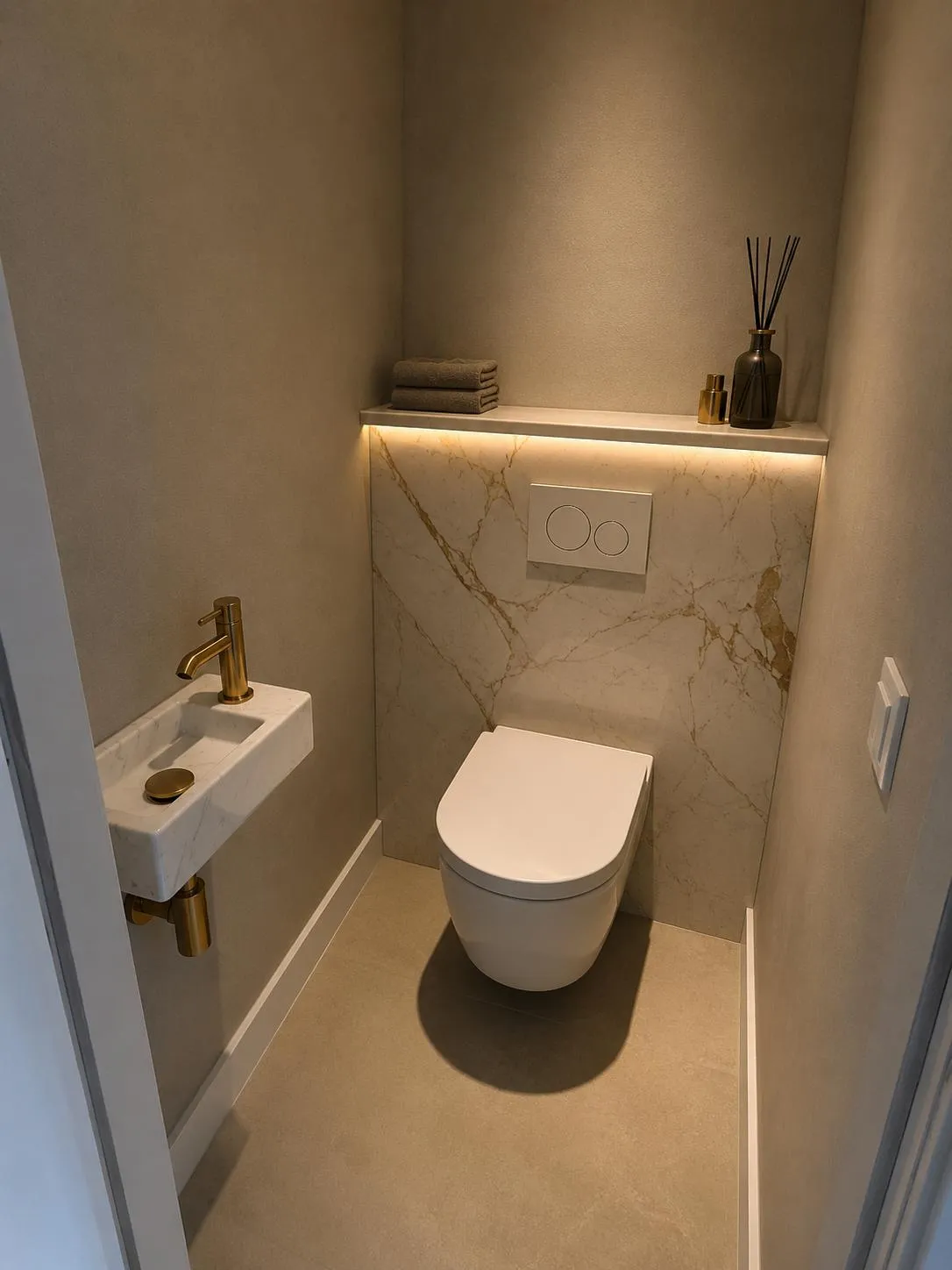 Toilet met hangtoilet, fonteintje met goudkleurige kraan en verlichte plank