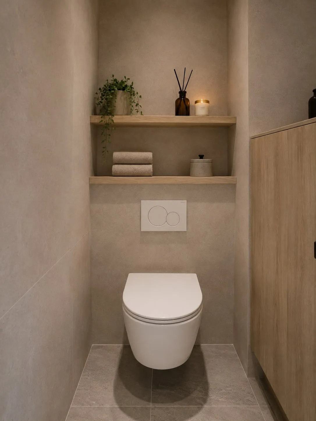 Toilet met hangtoilet, houten planken in een nis en een houten kastwand