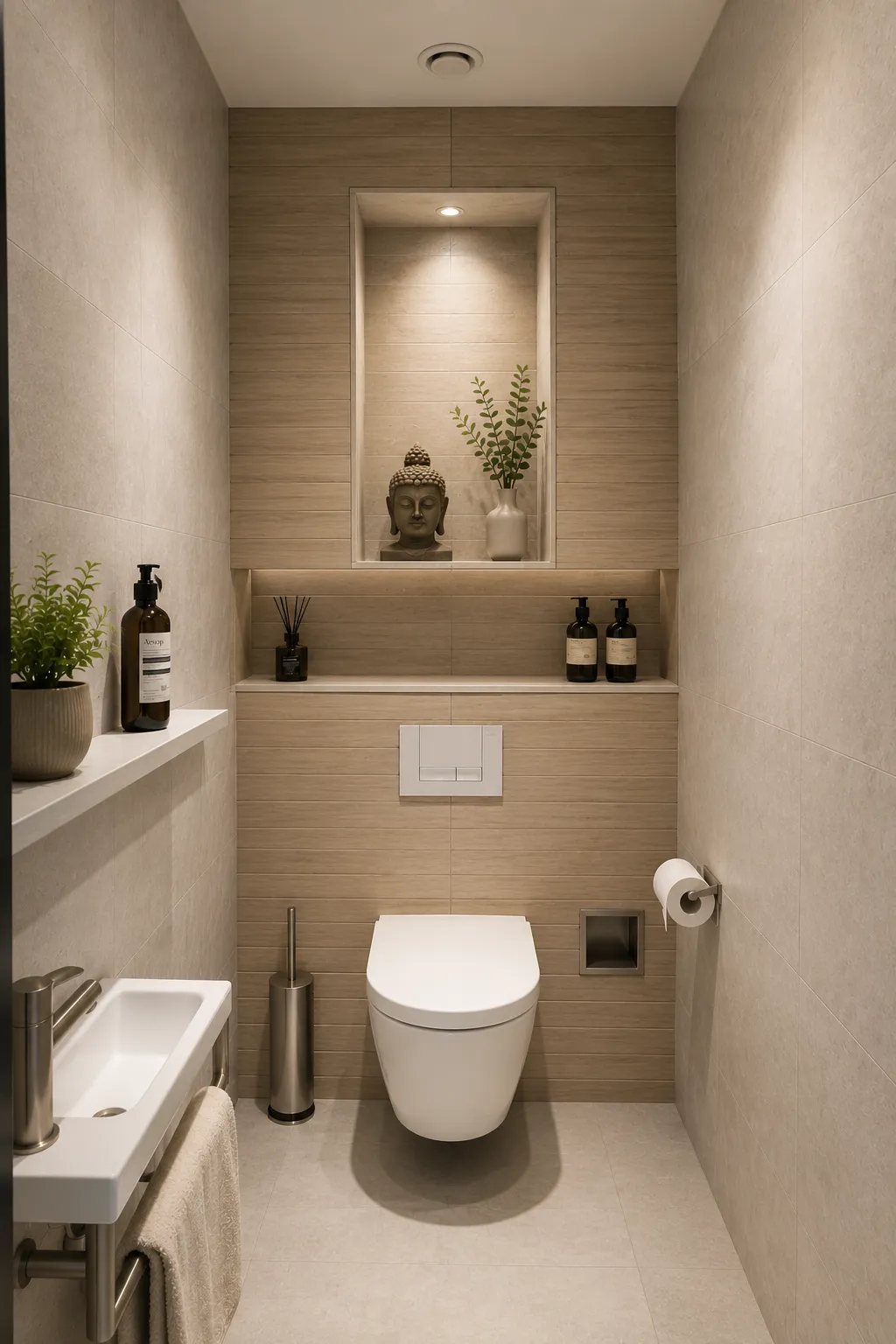 Toilet met verlichte nis, houtlook wand, hangtoilet en fonteintje
